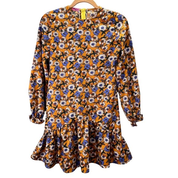 Pon Pon Dress 6/7 Girl Mustard Yellow Blue Floral Daisy Print Peplum Drop Waist - Picture 1 of 5